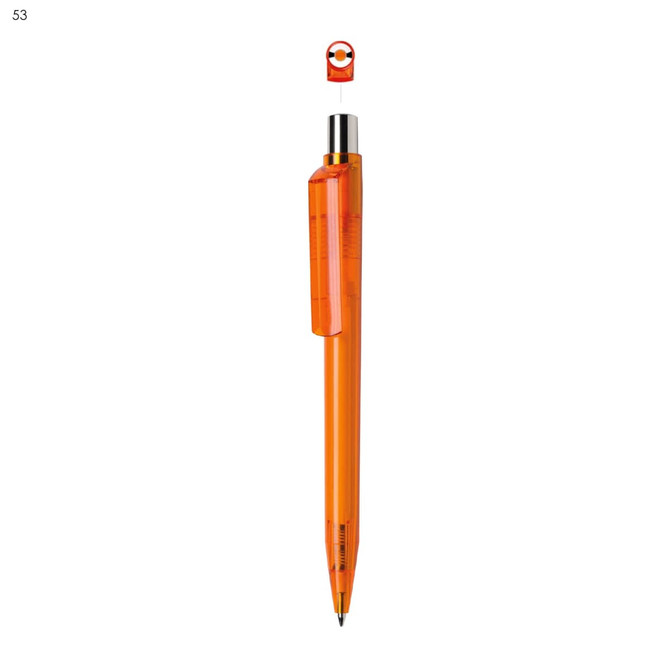 An orange plastic pen with a transparent barrel and silver accents. It features a clip and has a logo.