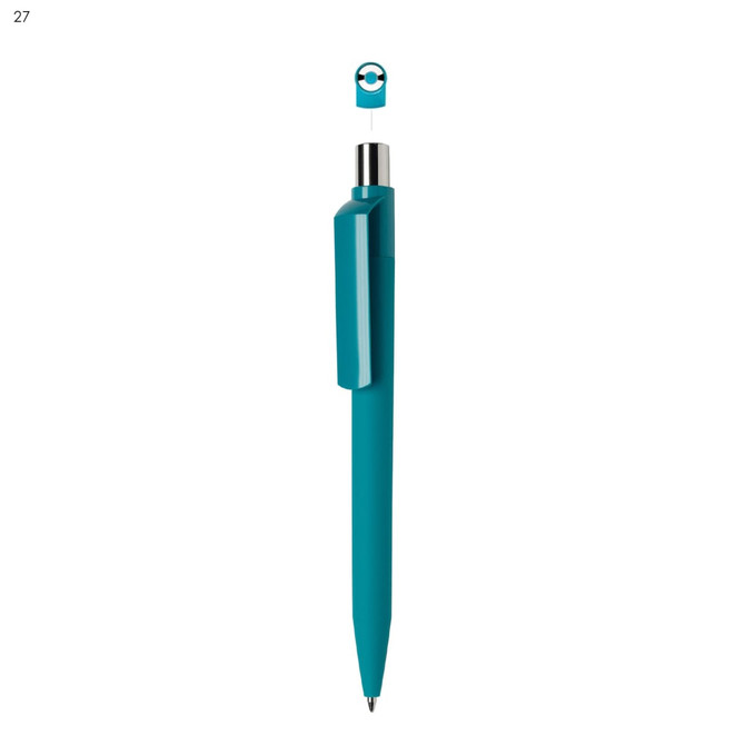 A teal plastic pen with a removable cap and a clip. The pen has a sleek design and a chrome accent.