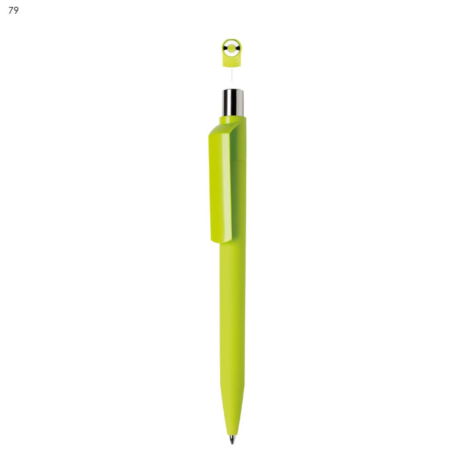 A plastic pen in bright lime green with a sleek design and a silver clip. It features a logo at the top.