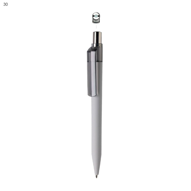A plastic pen with a silver clip and a white barrel, featuring a metallic top and a branding logo.