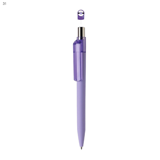 A purple plastic pen, featuring a translucent purple clip and silver accents, with the clip detached.