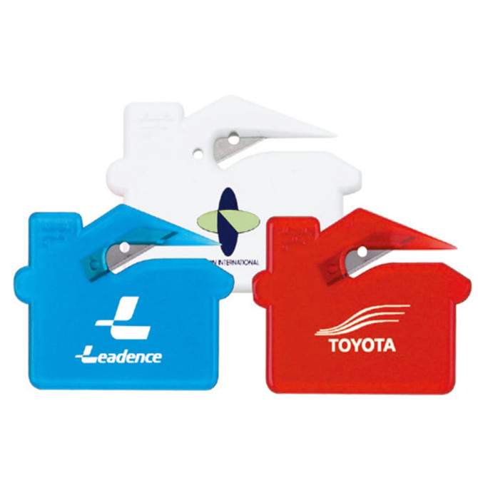 A set of three letter openers in blue, red, and white, each featuring a logo.