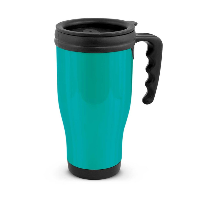 A travel mug featuring a sleek turquoise design with a black handle and lid.