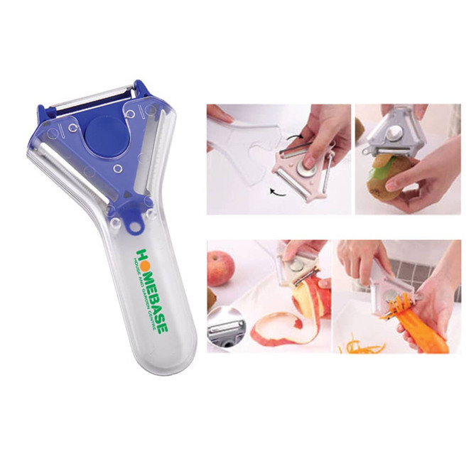 A blue and transparent vegetable peeler with a logo, accompanied by images demonstrating its use on various fruits and vegetables.
