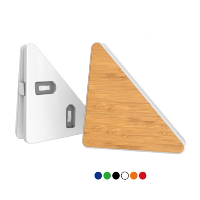 A triangular clip with a bamboo surface, featuring white sides and available in multiple colours: green, black, red, and orange.