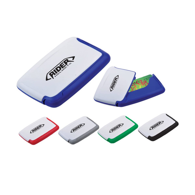 A selection of business card holders in various colours, including white, blue, red, green, and black, featuring a logo.