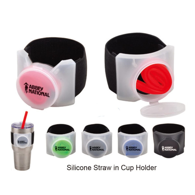 A drink bottle with coloured silicone straws in a cup holder, featuring a logo and various colour options.
