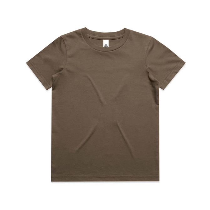 A brown youth staple tee with a classic crew neck and short sleeves, featuring a logo on the label.