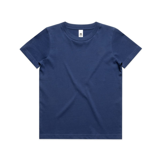 A navy blue youth t-shirt with a round neckline and short sleeves. It features a tag and has no visible logos.