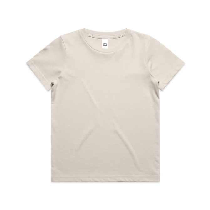 A light beige youth t-shirt with a round neckline and short sleeves, featuring a logo on the label.