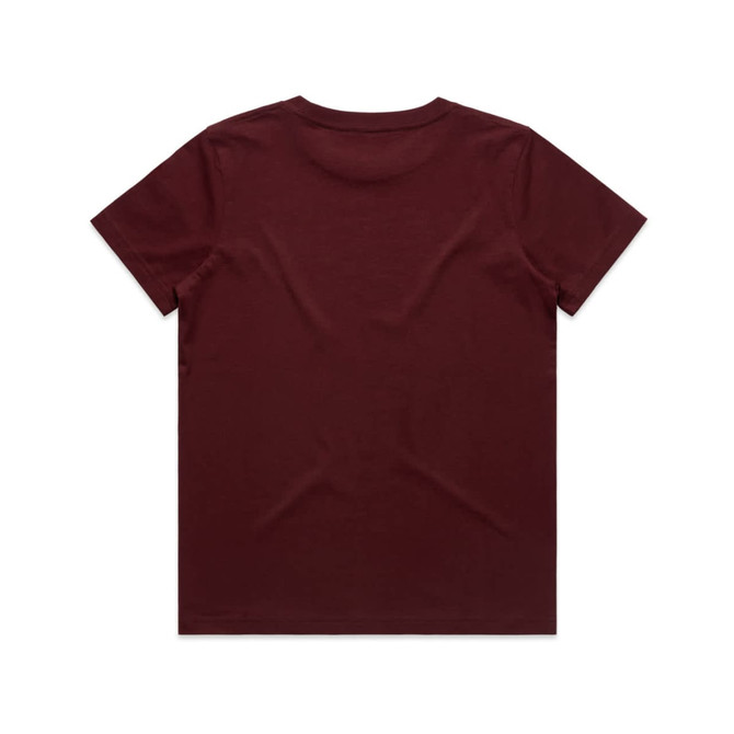 A maroon kids' T-shirt with a simple design and no visible logo, featuring a round neckline and short sleeves.
