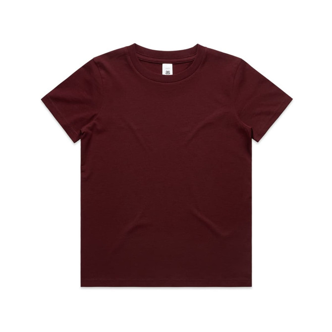 A maroon kids' T-shirt with a crew neck and short sleeves. The shirt features a label inside the neckline.