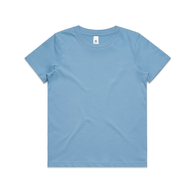A light blue youth t-shirt with a round neck and short sleeves, featuring a label but no visible logo.