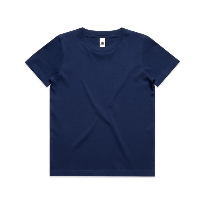 A navy blue youth t-shirt with a round neckline and short sleeves. It features a tag inside and has a logo.