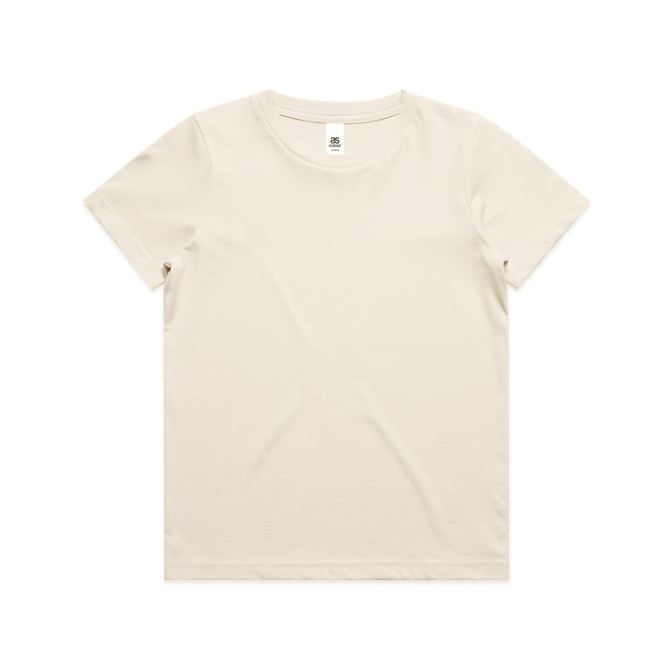 A cream-coloured youth t-shirt with a round neckline and short sleeves, featuring a logo.