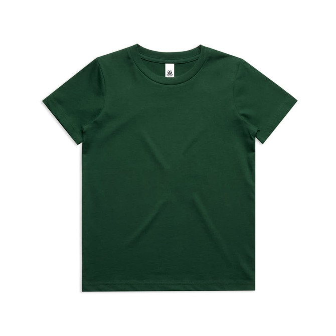 A green youth staple tee with a round neckline and short sleeves. It features a logo on the label.