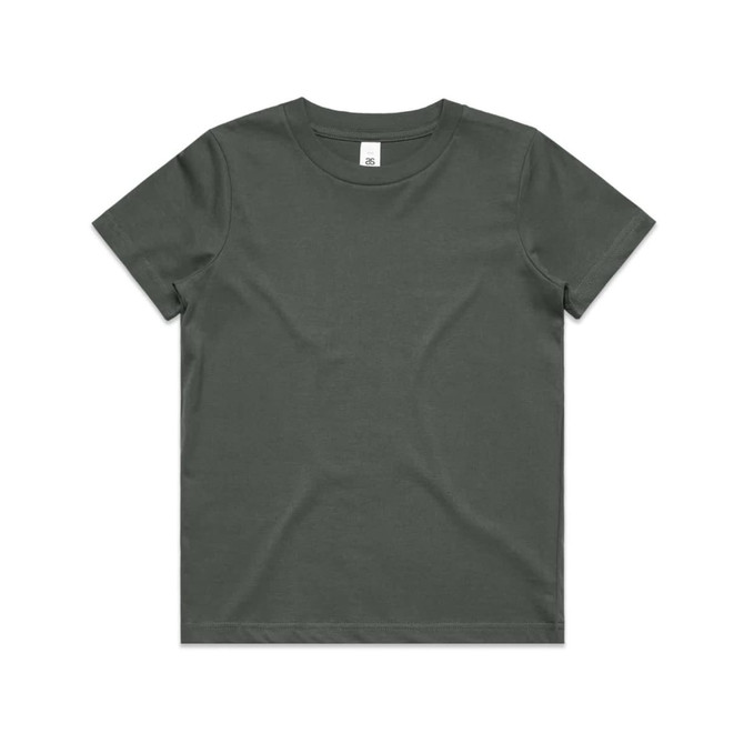 A dark green youth t-shirt with a classic crew neck and a minimalist design. It features a label inside.