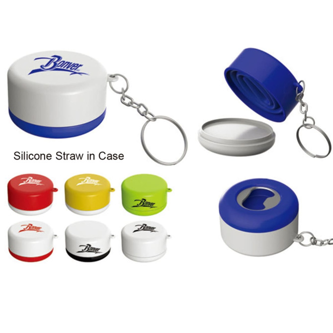 A collection of silicone straws in various colours, each housed in a compact case with a keychain attachment.