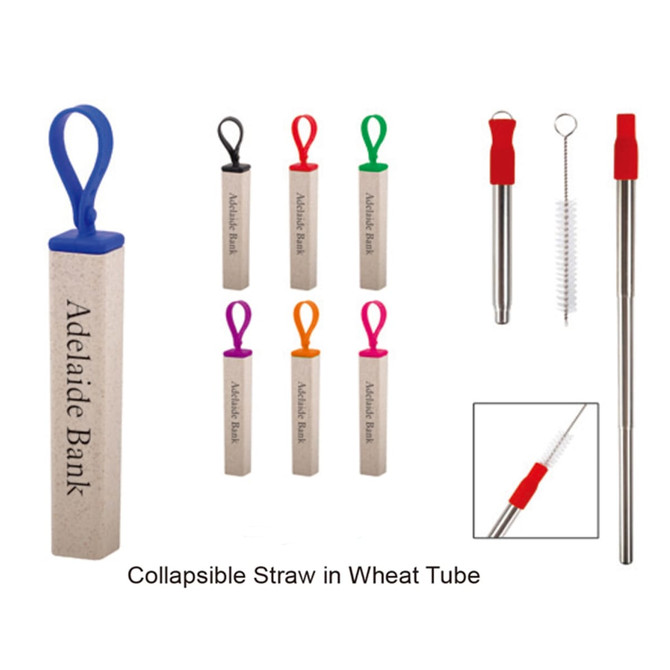 A collapsible straw set in a wheat tube, featuring colourful straws and a cleaning brush. Includes a logo.