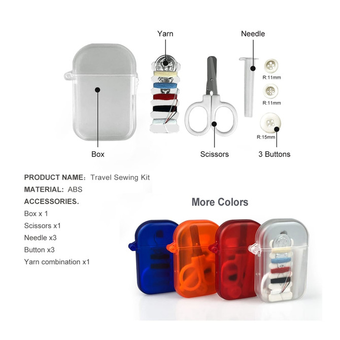 A travel sewing kit in assorted colours, including scissors, yarn, needles, and buttons, housed in a transparent case.