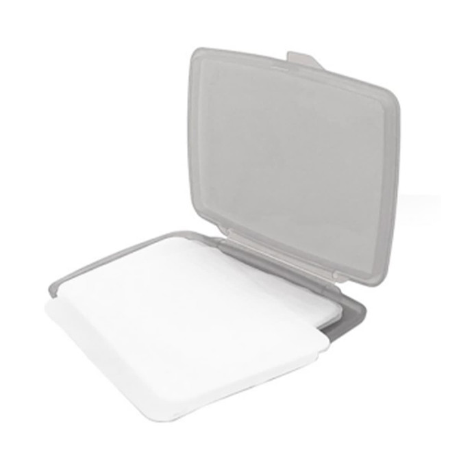 A grey case containing multiple sheets of transparent paper soap, designed for personal hygiene use.