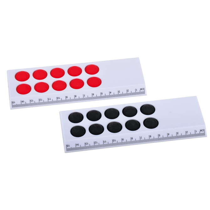 Two novelty bubble poppers in white with red and black bubbles, each featuring a ruler on one side.