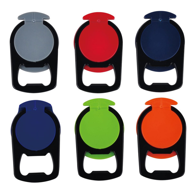 A set of six mobile stands in grey, red, navy, green, blue, and orange, featuring black holders with logos.