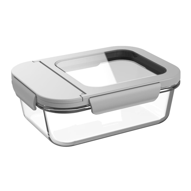 A glass lunch box with a transparent body and a grey lid, featuring a secure locking mechanism.