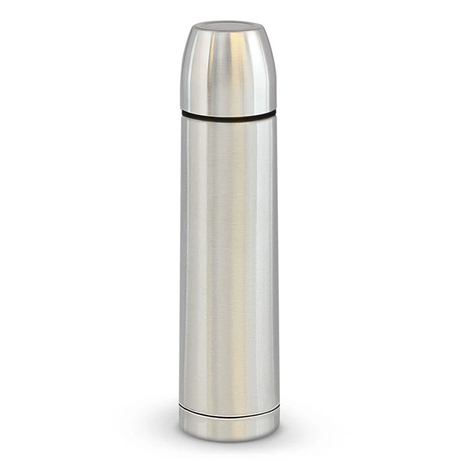 A drink bottle with a sleek silver stainless steel design, featuring a rounded top and a branding logo.