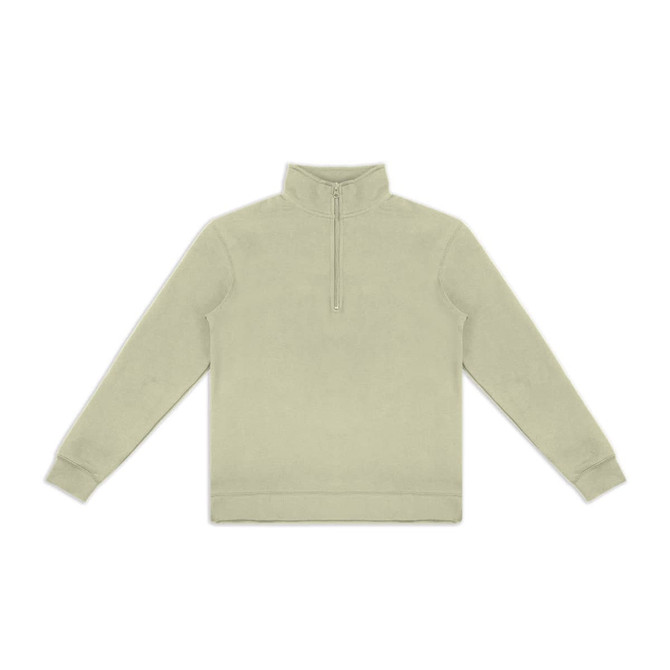 A light green unisex quarter zip jumper with long sleeves and a zip detail at the neck. It features a logo.
