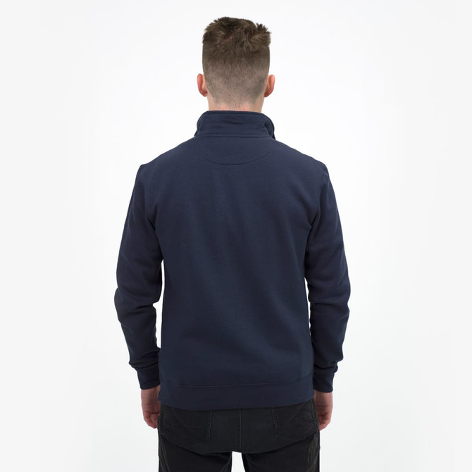 A unisex quarter zip jumper in navy blue, featuring a simple design and a collar, with a logo on the back.