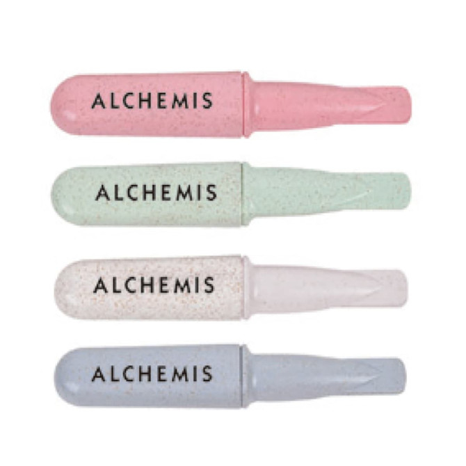 A cutlery set featuring four utensils in soft pink, green, white, and blue hues, made from wheat straw.