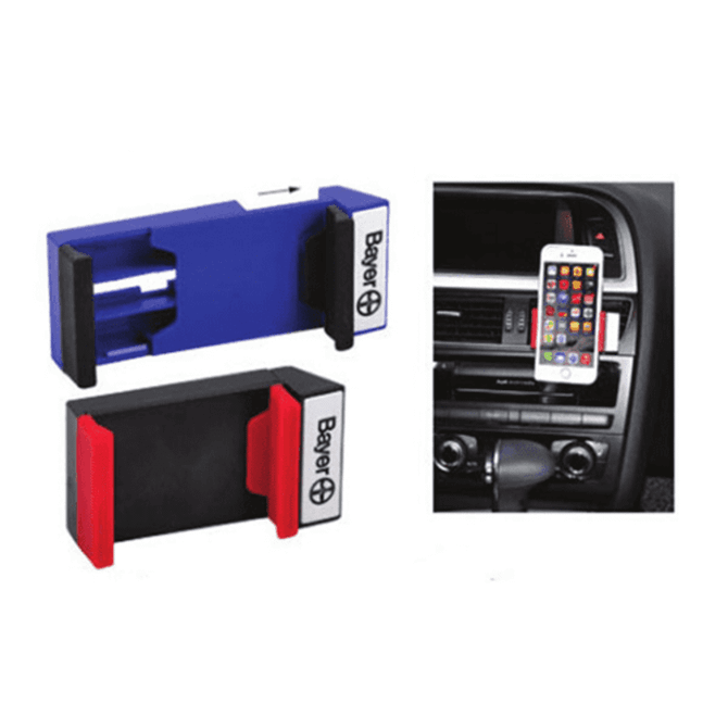 A mobile phone car stand in blue and black, featuring red accents, designed for securing devices in vehicles.