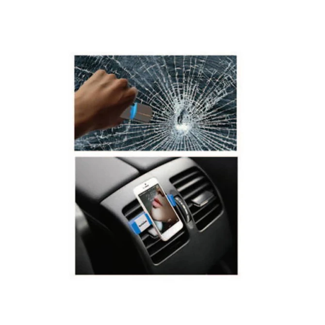 A car emergency hammer in silver and blue, with a mobile phone holder attached to a car air vent.