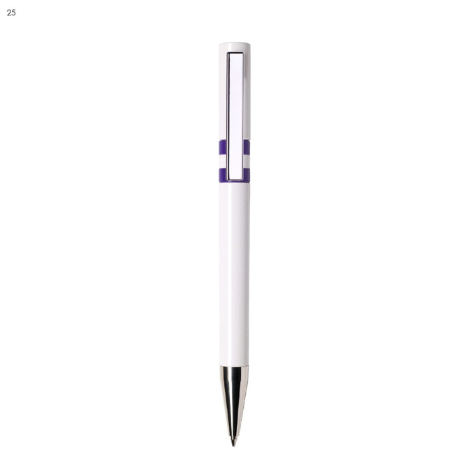 A white plastic pen with a purple accent and a chrome tip, featuring a branding logo.