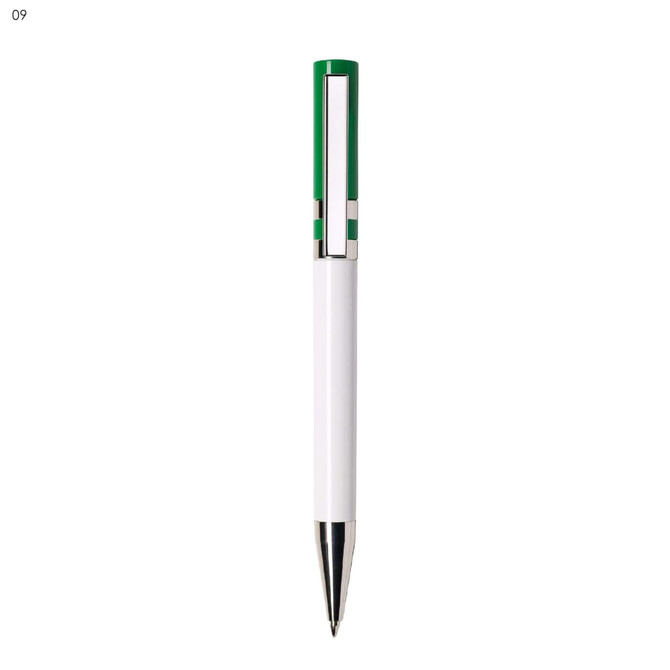 A plastic pen in white with green accents and a silver clip. The pen features a logo on its body.