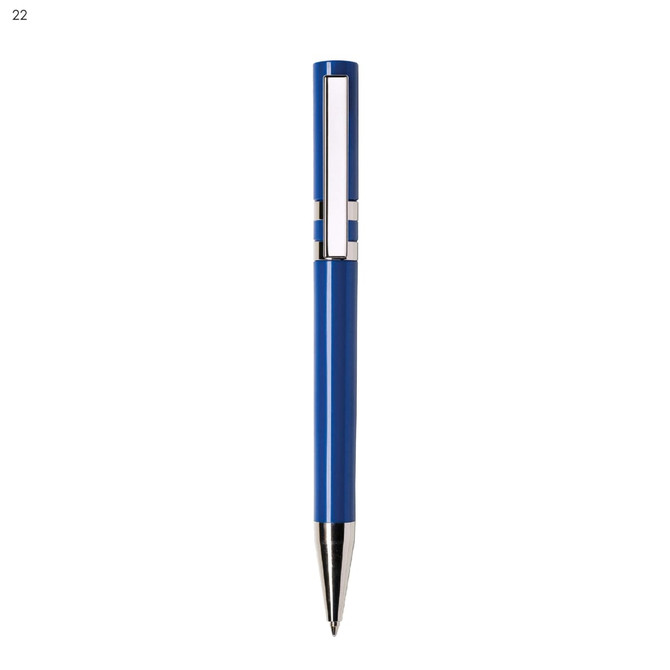 A blue plastic pen with a sleek design and a silver clip, featuring a branding logo.