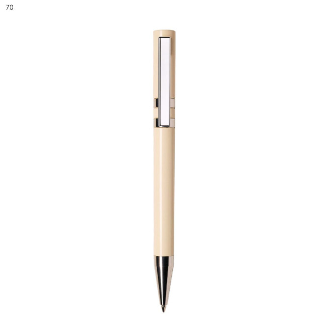 A cream plastic pen with a silver clip and details, featuring a branding logo.