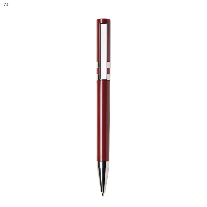 A red plastic pen with a silver clip and detailing, featuring a logo on its body.