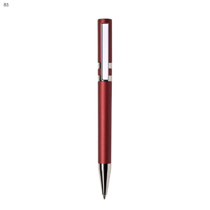 A red plastic pen with a metallic finish and a silver clip, featuring a logo.