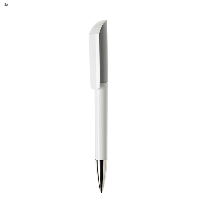 A plastic pen in white with a silver clip and a polished tip, featuring a logo.