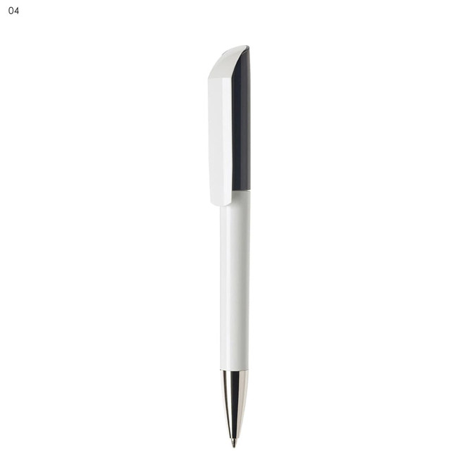 A plastic pen in white with a black cap, featuring a silver-tone tip and an understated design.