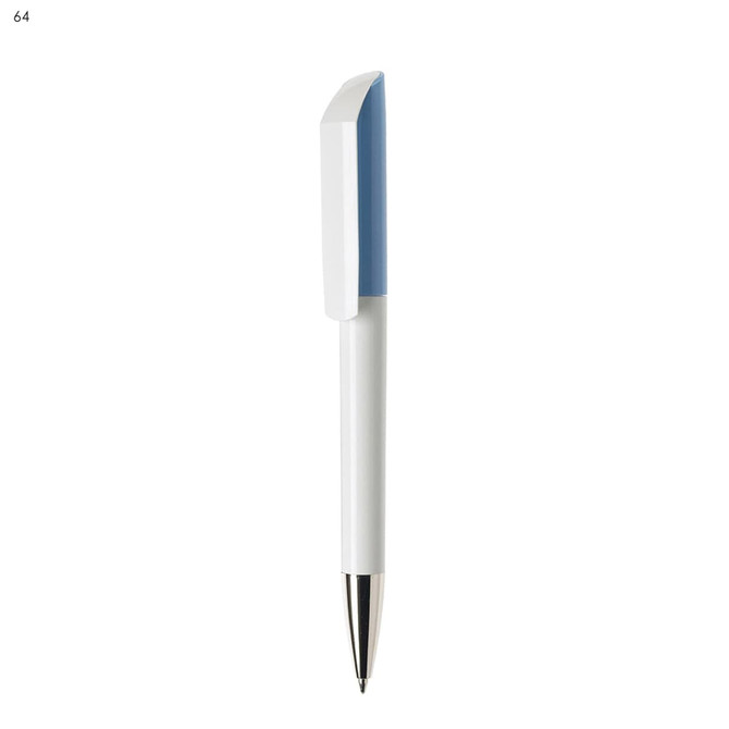 A plastic pen featuring a white body and a blue top, with a silver tip and a logo.