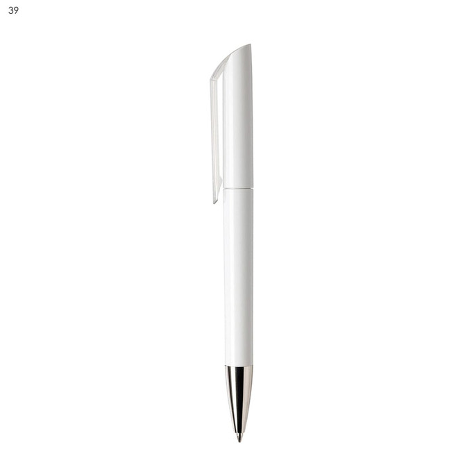 A white plastic pen with a silver trim and a clear cap, featuring a logo on its body.