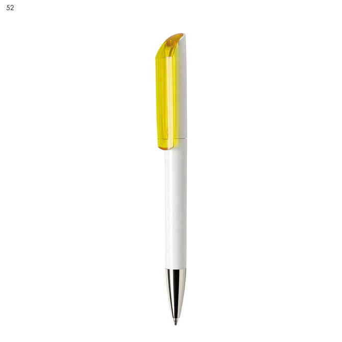 A plastic pen in white with a yellow cap and silver detailing, featuring a logo.