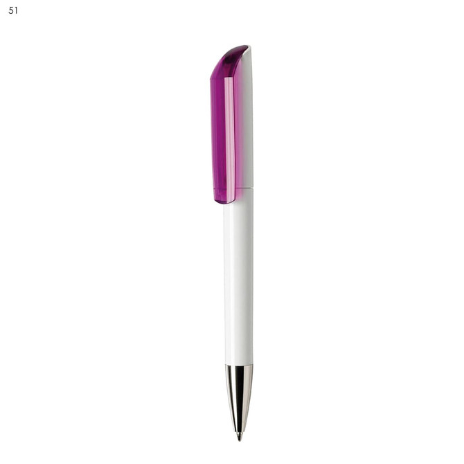 A plastic pen with a white body and a purple cap, featuring a silver clip and tip. It has a logo on the barrel.