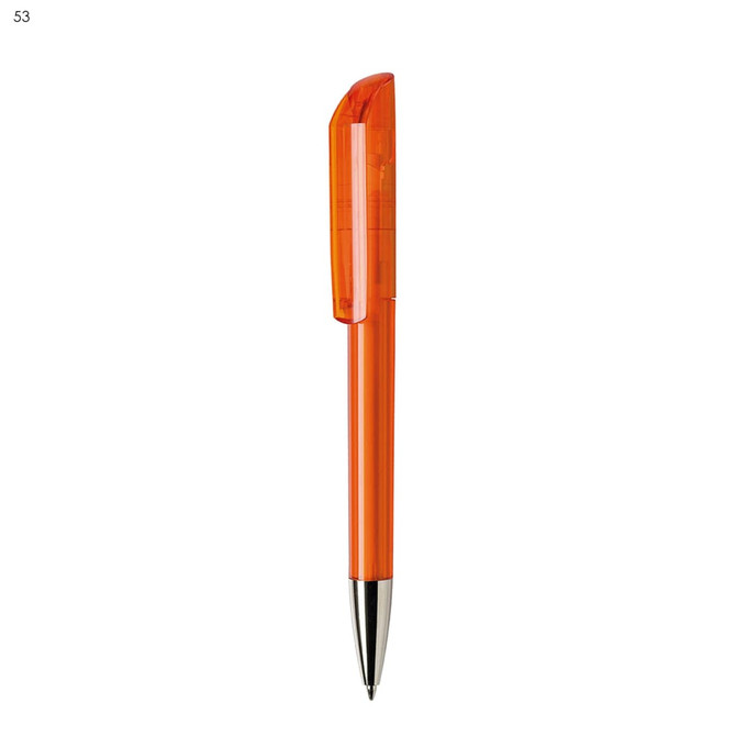 An orange plastic pen with a clear body and a silver tip, featuring a branding logo.