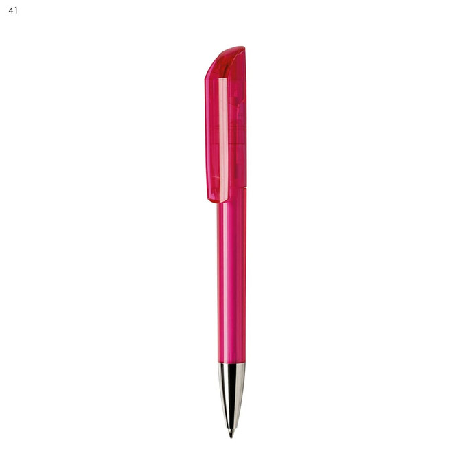 A plastic pen in vibrant pink with a silver tip and a cap, featuring a logo on the barrel.