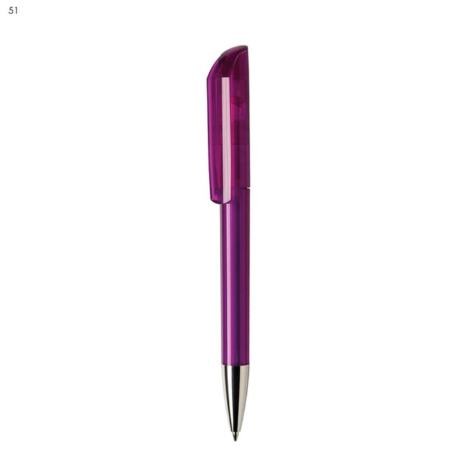 A purple plastic pen with a transparent cap and a metallic tip, featuring a logo on its body.