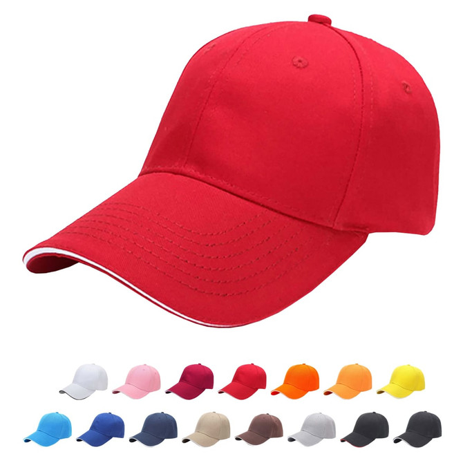 A red six-panel heavy acrylic cap with a curved brim and a logo, displayed with various colour options.